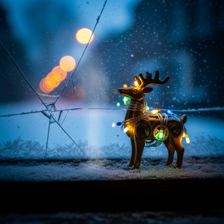 Christmas and New Year holiday background. Christmas greeting card. Festive decoration on snowy street. Selective focusの素材