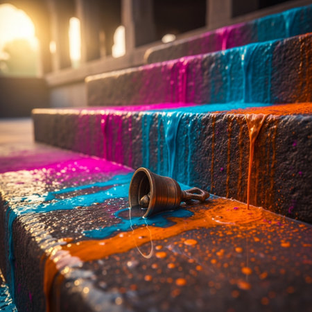 Colorful paint dripping on the stairs in public park, Thailand.の素材