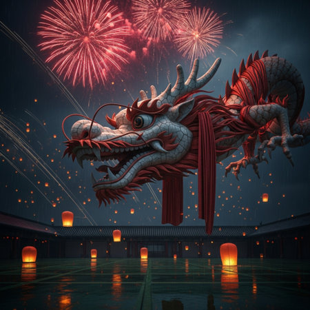 Dragon and firework in chinese temple,3d illustration.の素材