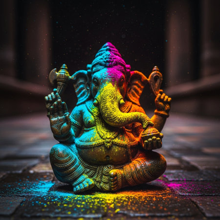 Ganesha statue with colorful lights. Ganesha is the god of Hinduism.の素材