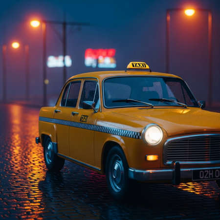 Taxi car on the street at night. Taxi service concept.の素材