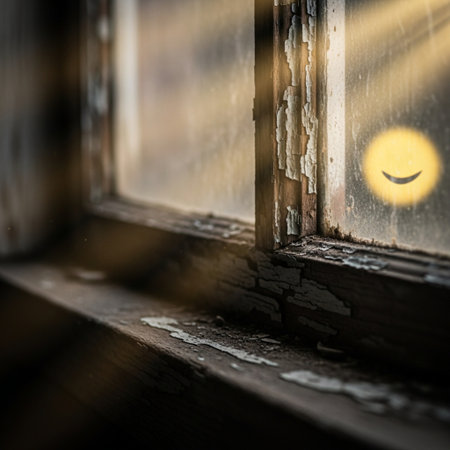 Abandoned window with a sad smiley face on it.の素材