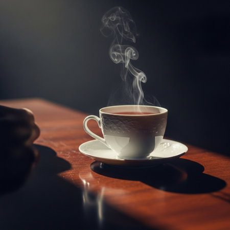 Cup of hot tea on a wooden table with a man's handの素材