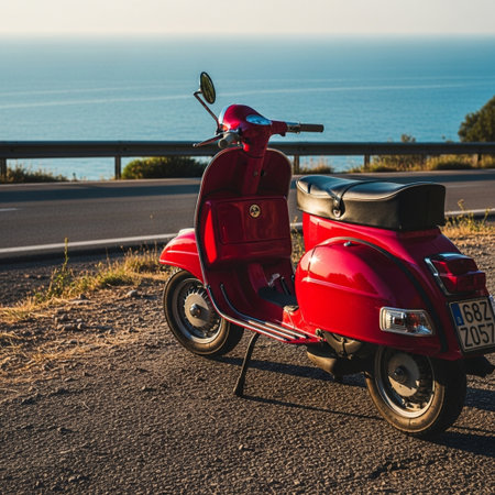 Red scooter on the road near the sea at sunset in Spainの素材