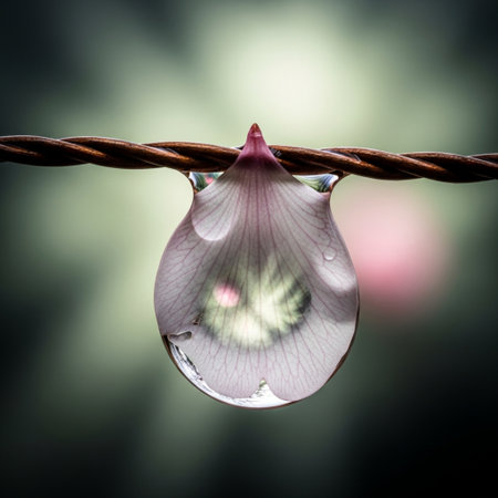 Water drop on barbed wire with beautiful bokeh background.の素材