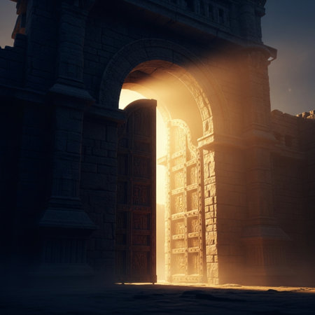 Mystical door in ancient city. 3D illustration. Vintage style.の素材