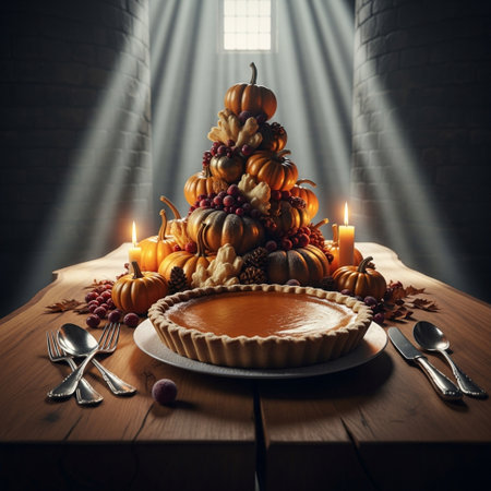 Pumpkin pie decorated with pumpkins and autumn leaves on a wooden tableの素材