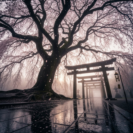 Foggy morning in the Shinto shrine in Kyoto, Japanの素材