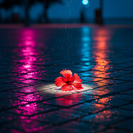 Red hibiscus flower in the rain at night, stock photoの素材