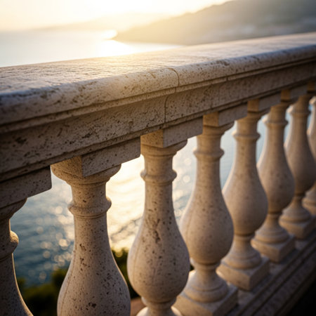 white balustrade on the sea coast at sunset, beautiful photo digital pictureの素材
