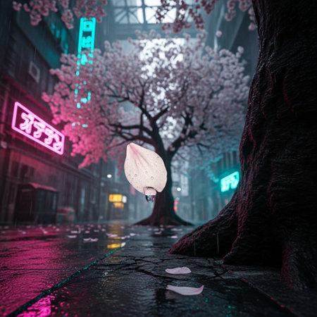 Cherry blossoms in a rainy night. 3D Renderingの素材