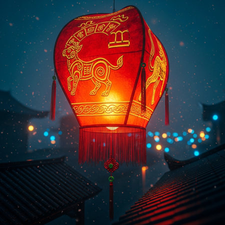 Chinese lanterns on the roof of a Chinese house in the nightの素材
