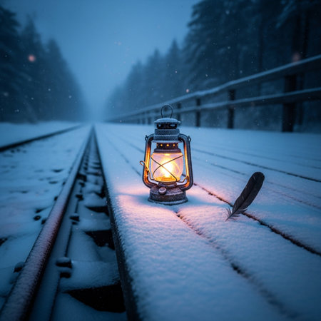 Lantern on the rails in the winter forest at night.の素材