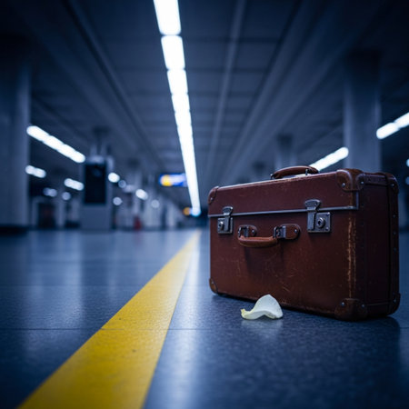 Luggage on the floor in the subway station. Shallow depth of field.の素材
