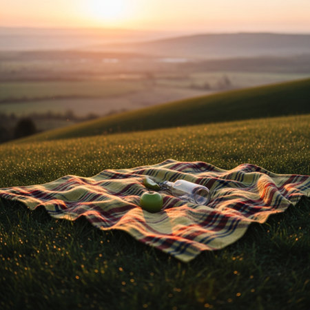 Picnic in the countryside. Picnic basket with apples and bottle of water on the green field.の素材