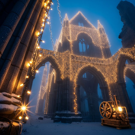 Gothic church with christmas lights at night in winter.の素材