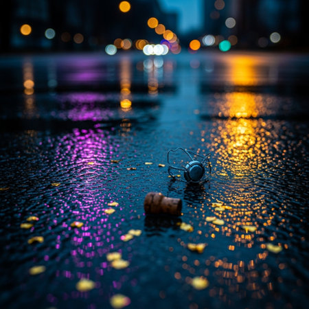 Alarm clock on a wet asphalt in the city at night.の素材