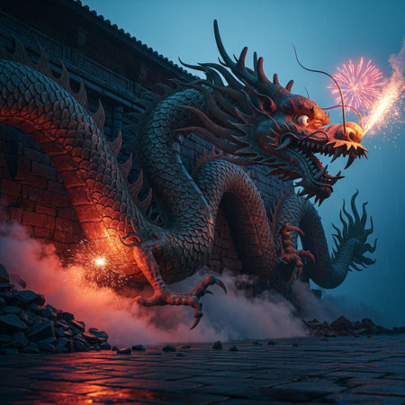 Dragon and firework on the background of the ancient temple. 3d renderingの素材