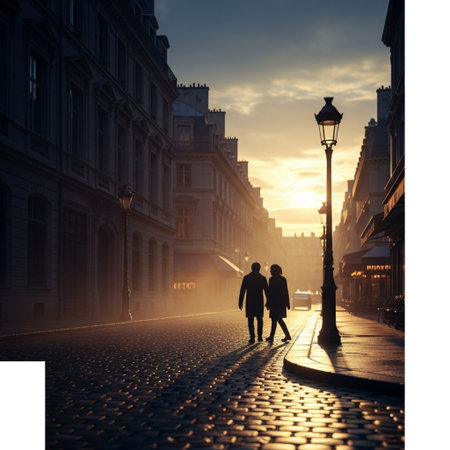 silhouette of a couple walking on the street in Paris at sunsetの素材