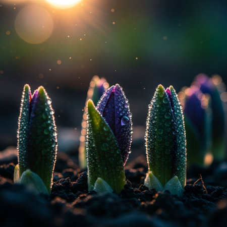 Sprouts of crocus with dew drops in the morning.の素材