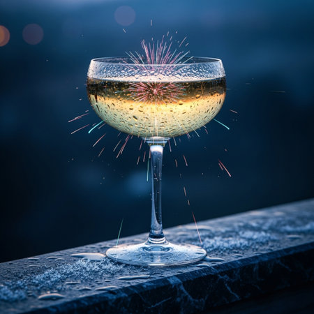 Glass of champagne and fireworks on a dark background. Selective focus.の素材