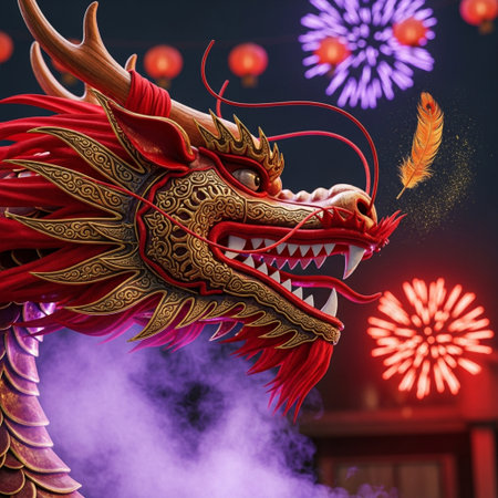 Dragon head on firework background. Chinese New Year celebration concept.の素材