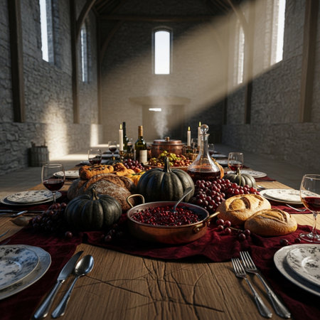 Autumn table setting with pumpkins, olives, wine and breadの素材