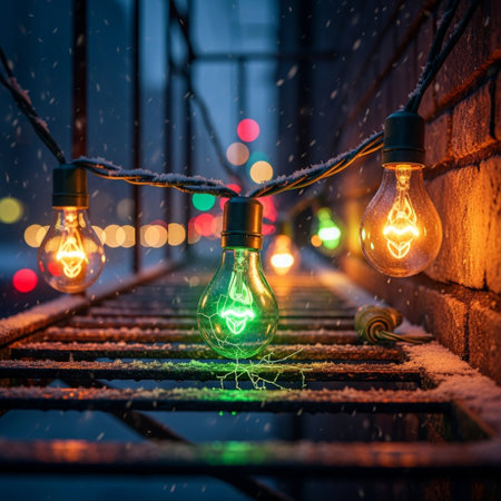 Vintage light bulb on a snowy street at night. Christmas and New Year concept.の素材