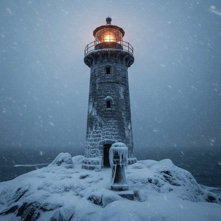 Snowfall over the lighthouse on the shore of the Baltic Sea.の素材