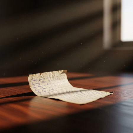 Old letter on a wooden table at sunset. Shallow depth of field.の素材