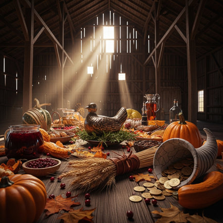 Halloween still life with pumpkins, dried leaves, chestnuts, candles, candies and glass jars with potion on wooden tableの素材