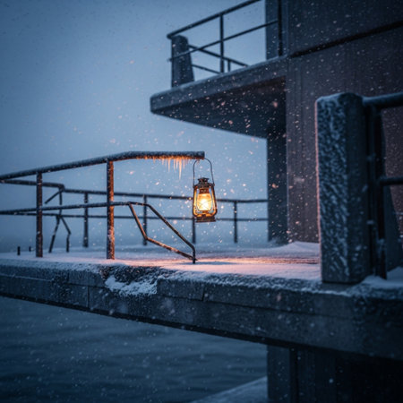 Lantern on the pier in the winter at night with falling snowの素材