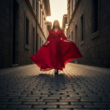 Young beautiful woman in a long red dress walking on the street.の素材