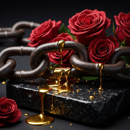 Valentines Day background with red roses and golden chain on black backgroundの素材