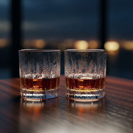 Two glasses of whiskey on a wooden table in front of a window at sunsetの素材