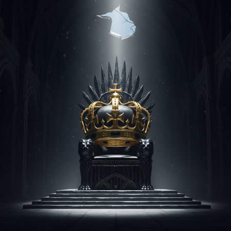 King crown on throne in dark room. 3d render illustration.の素材