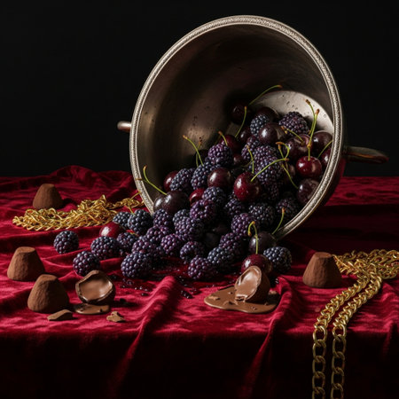 Chocolate candies with berries and chocolate on a dark background.の素材