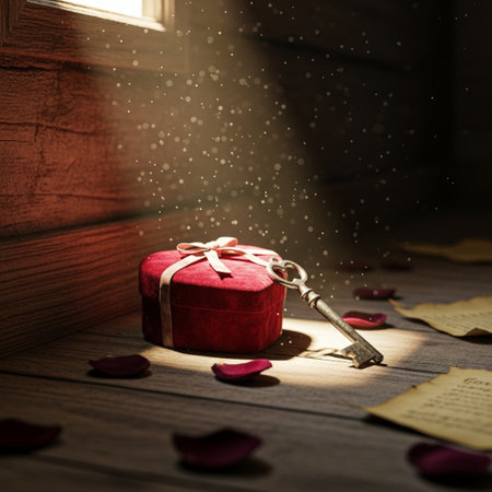 valentine's day background with red gift box and rose petalsの素材