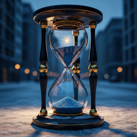 Hourglass on snow in city at night. Conceptual image.の素材