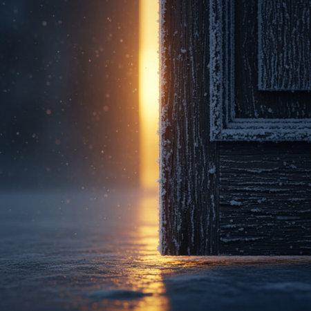 Wooden door at night in winter with snow and sun beams.の素材