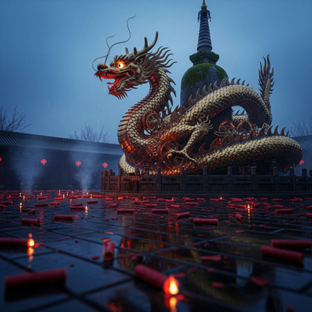 3D rendering of dragon statue in chinese temple at night.の素材