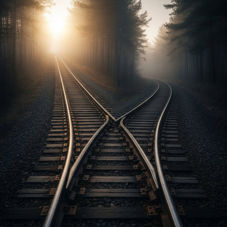 Railway tracks in a foggy forest at sunrise or sunset.の素材