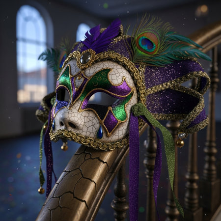 Venetian carnival mask with feathers and ornaments.の素材