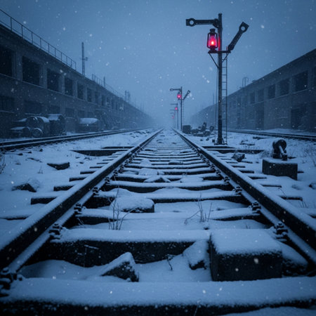 Railway tracks covered with snow and a red traffic light in the backgroundの素材