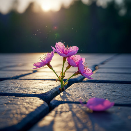 cherry blossom on a wooden boardwalk with sunset in the backgroundの素材