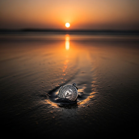 Sunset in the sea with a silver ring on the sand.の素材