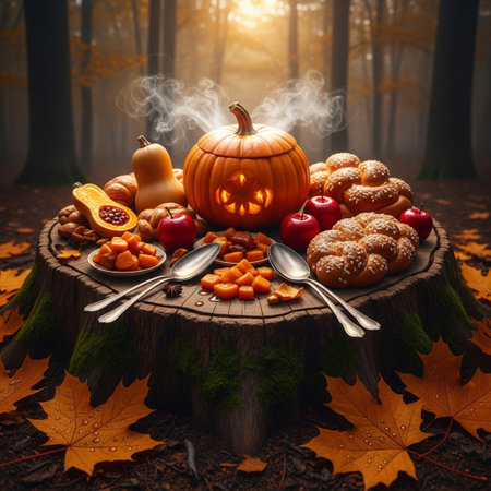 Halloween background with pumpkins, candies and autumn leaves.の素材