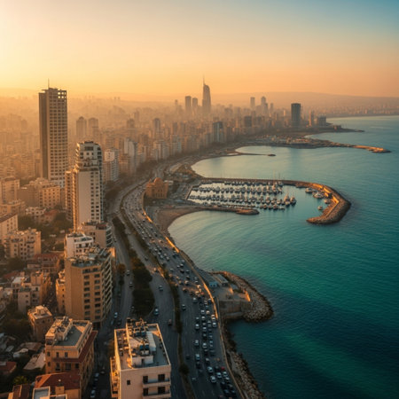 Aerial view of Dubai Marina at sunset, United Arab Emirates.の素材