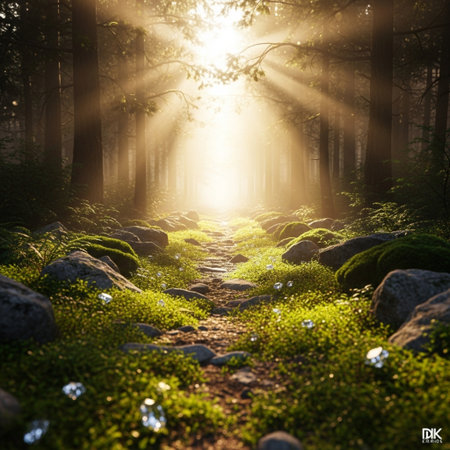 Sunset in the forest. The sun rays pass through the trees.の素材