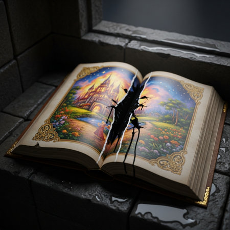 Stained glass window with a picture of a beetle on a bookの素材